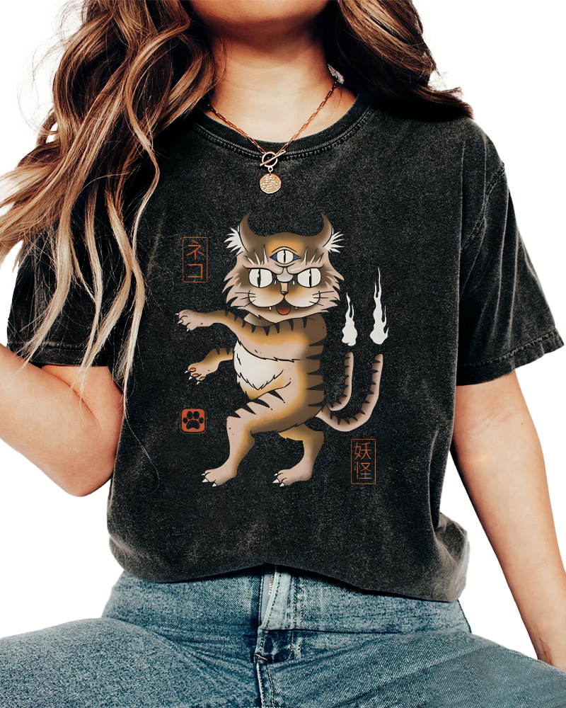 Cat Monster Japanese Vintage Washed T-shirt-Zazasy