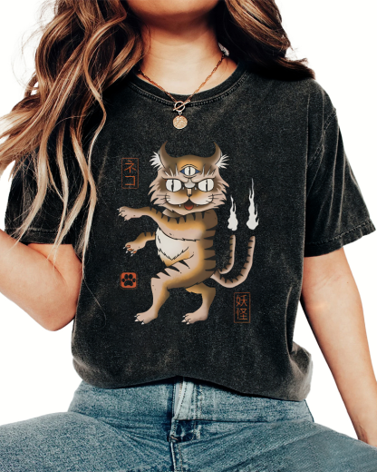 Cat Monster Japanese Vintage Washed T-shirt-Zazasy