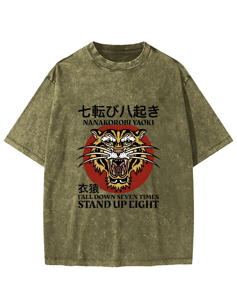 Japanese Tiger Head Pattern Vintage Distressed T-shirt-Zazasy