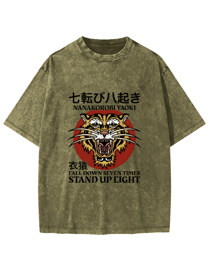 Japanese Tiger Head Pattern Vintage Distressed T-shirt-Zazasy