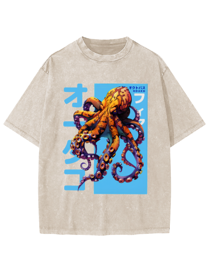 Octopus Monster Japanese Vintage Washed T-shirt-Zazasy