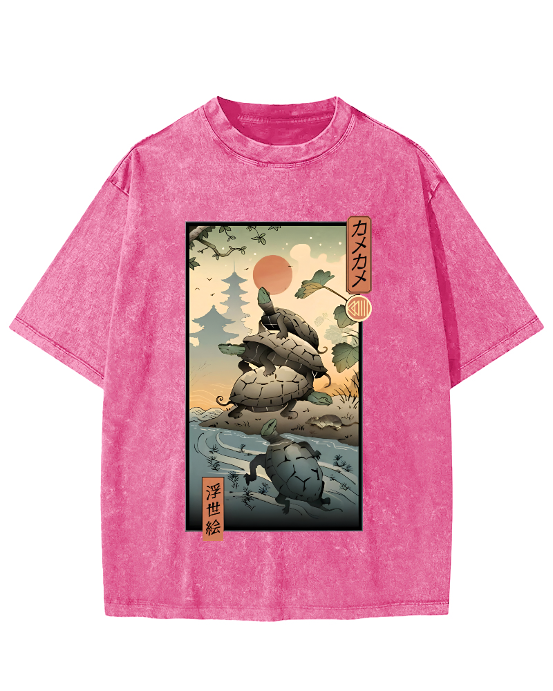 Ukiyoe Turtle Japanese Vintage Washed T-shirt-Zazasy