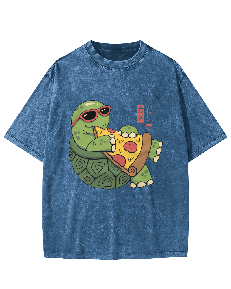 Turtle Japanese Style Pizza Lover Vintage Distressed T-shirt-Zazasy