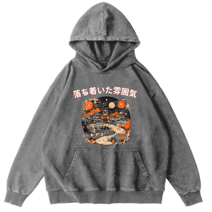 Sunset Scenery During the Edo Period Vintage Washed Hoodie-Zazasy