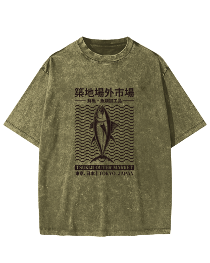 Japanese Tuna Pattern Vintage Distressed T-shirt-Zazasy