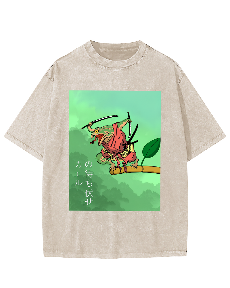 Frog Guardian Japanese Style Vintage Washed T-shirt-Zazasy