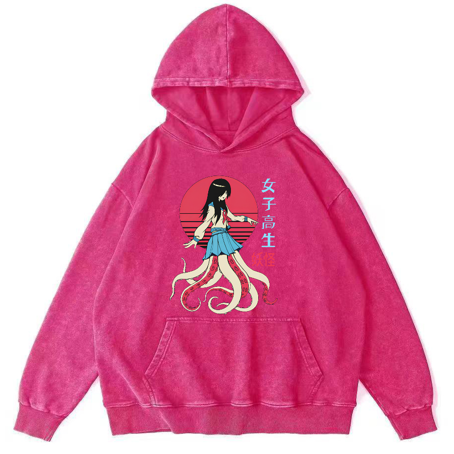 Female Octopus Monster Vintage Distressed Hoodie-Zazasy