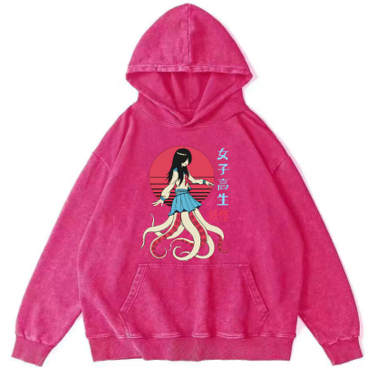 Female Octopus Monster Vintage Distressed Hoodie-Zazasy