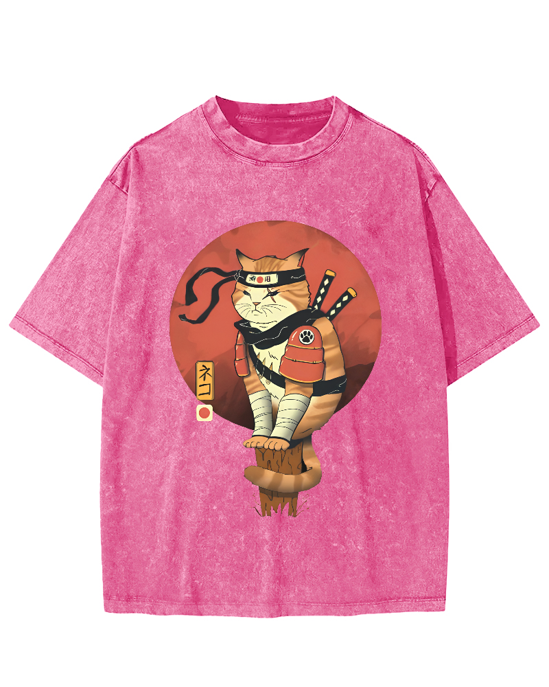 Abstract Samurai Cat Pattern Japanese Style Vintage Distressed T-shirt-Zazasy