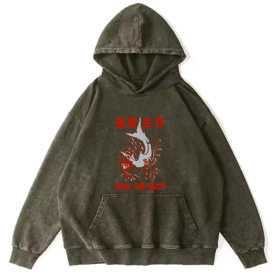 Japanese Shark Pattern Vintage Distressed Hoodie-Zazasy
