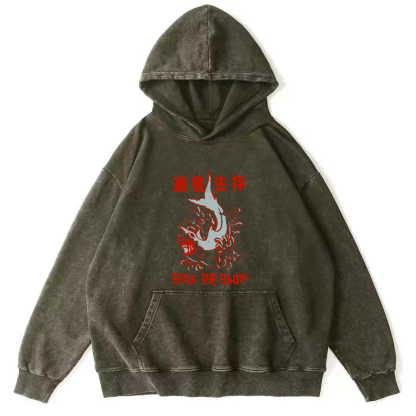 Japanese Shark Pattern Vintage Distressed Hoodie-Zazasy