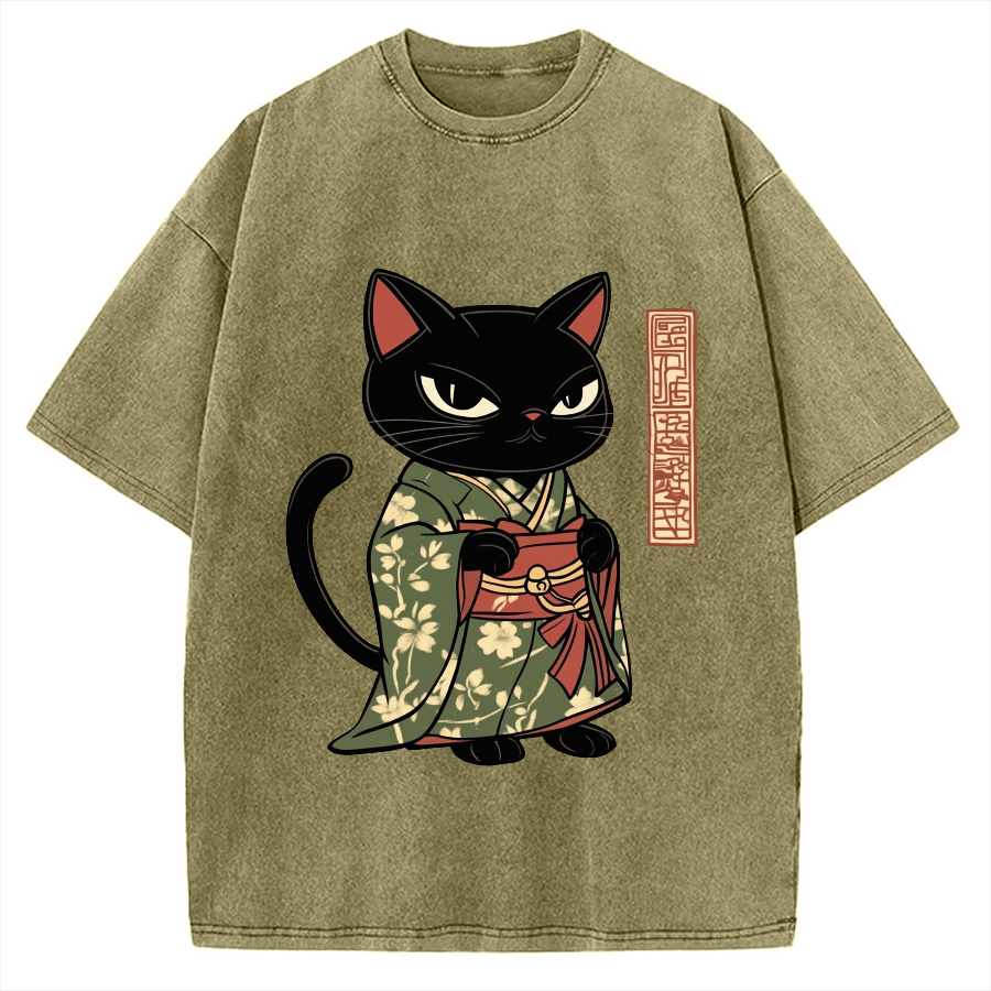 Japanese Cat Geisha Vintage Washed T-shirt