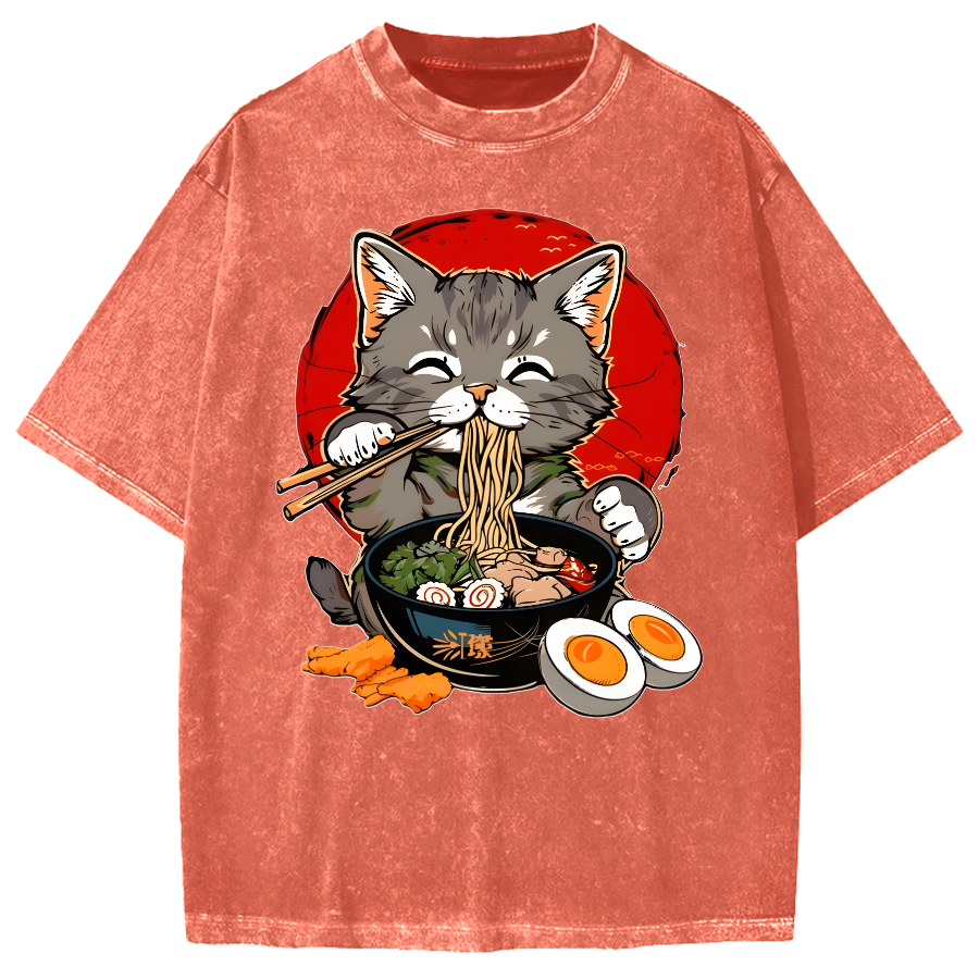 Japanese Anime Cat Eating Ramen Vintage Washed T-shirt