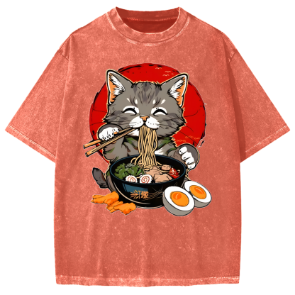 Japanese Anime Cat Eating Ramen Vintage Washed T-shirt