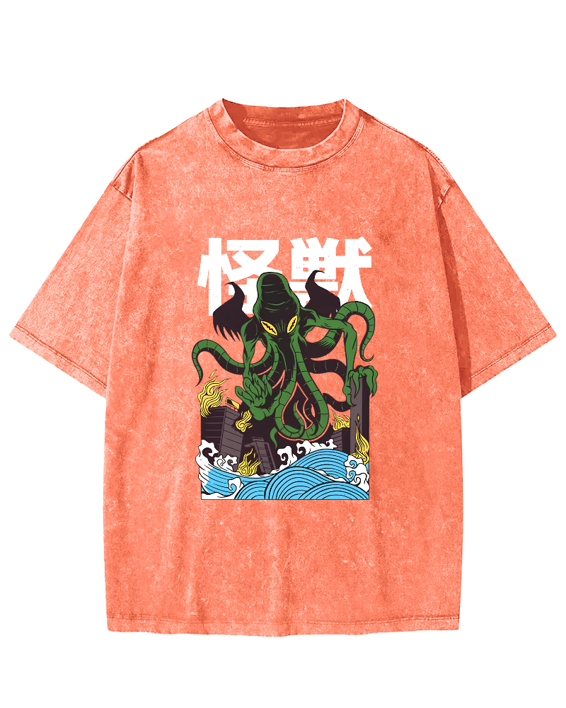 Japanese Octopus Pattern Vintage Distressed T-shirt-Zazasy