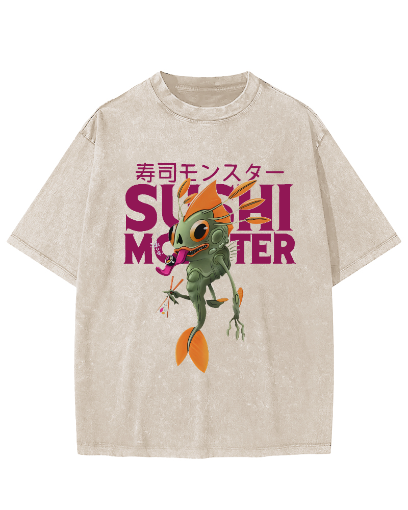 Monster Sushi Vintage Washed T-shirt-Zazasy