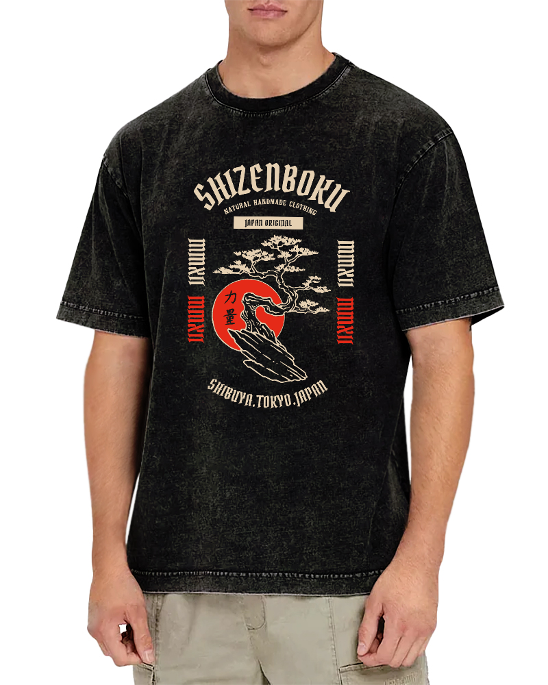 Japanese Style Pine Tree Pattern Vintage Distressed T-shirt-Zazasy