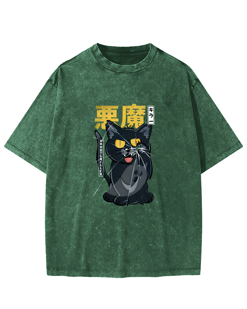 Retro Mischievous Cat Pattern Vintage Distressed T-shirt-Zazasy