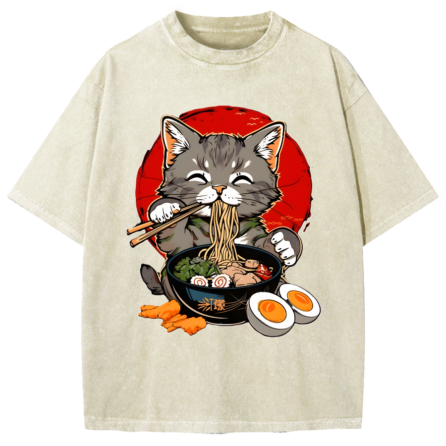 Japanese Anime Cat Eating Ramen Vintage Washed T-shirt