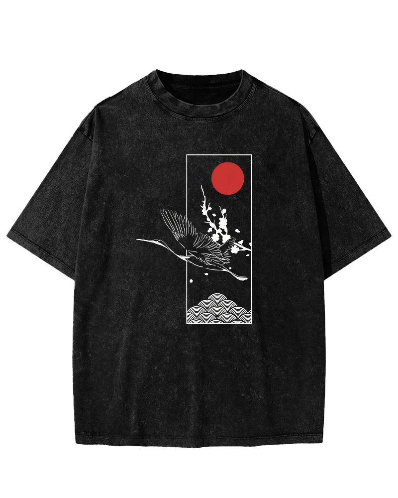 Japanese Sunrise Flying Crane Pattern Vintage Distressed T-shirt-Zazasy