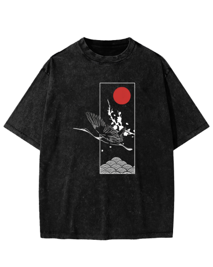 Japanese Sunrise Flying Crane Pattern Vintage Distressed T-shirt-Zazasy