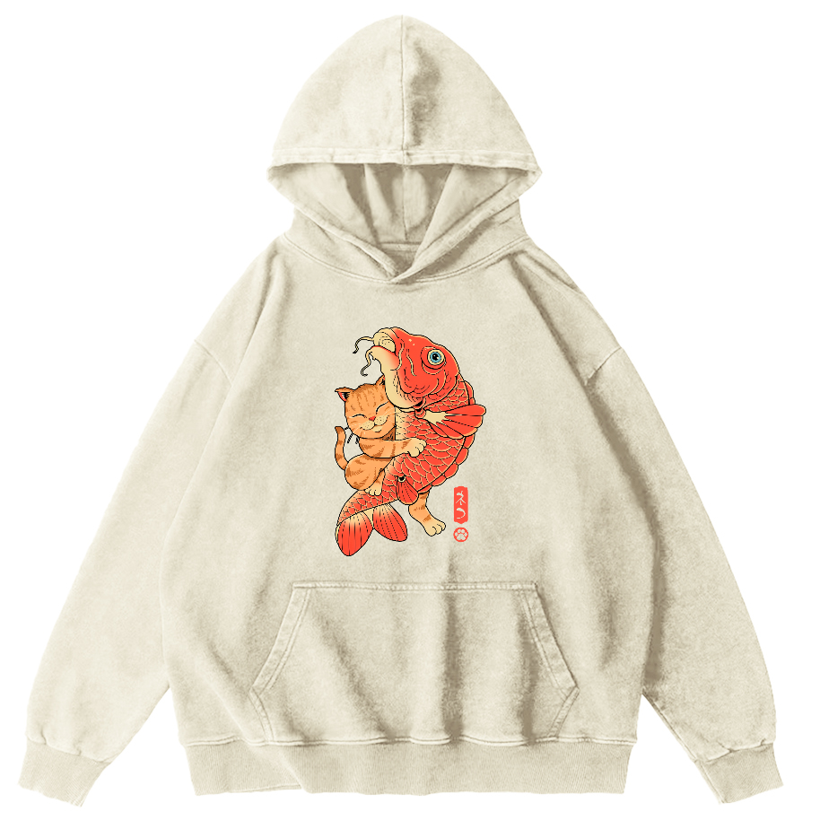 Cat Embracing Koi Fish Vintage Distressed Hoodie-Zazasy