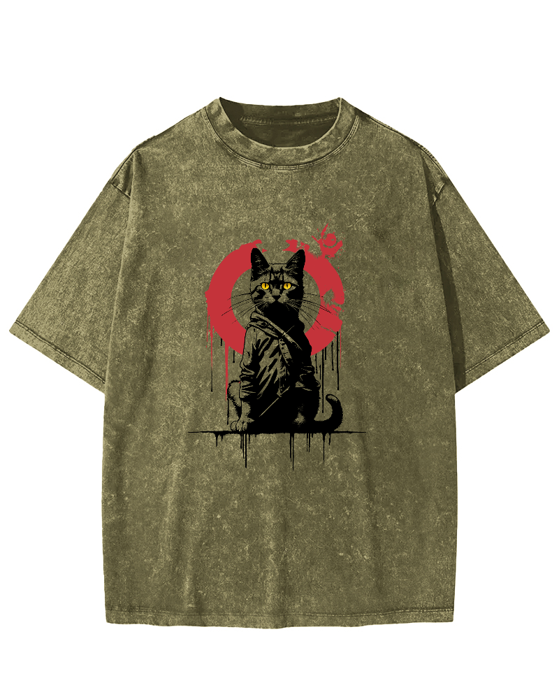 Retro Japanese Style Kitten Vintage Distressed T-shirt-Zazasy