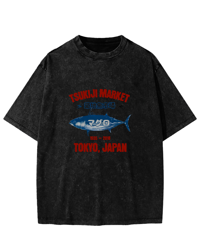 Japanese Sea Fish Market Pattern Vintage Distressed T-shirt-Zazasy