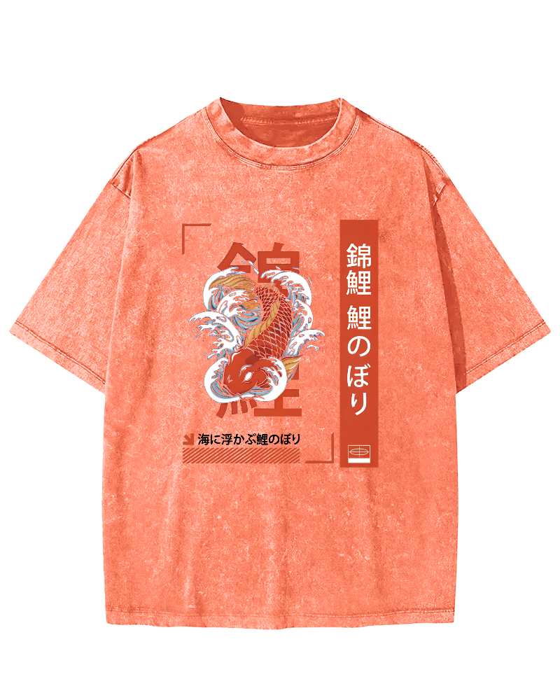 Japanese Script Koi Pattern Vintage Distressed T-shirt-Zazasy