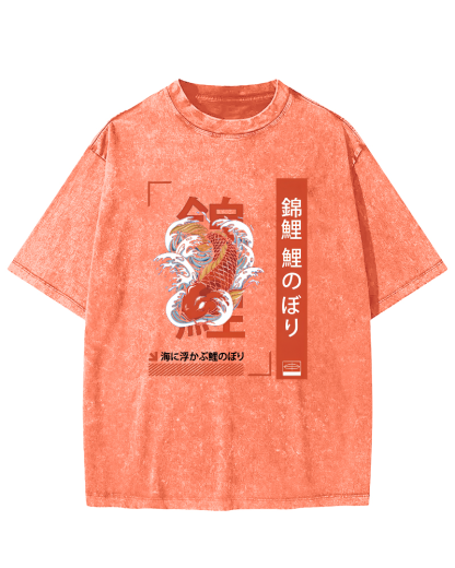 Japanese Script Koi Pattern Vintage Distressed T-shirt-Zazasy