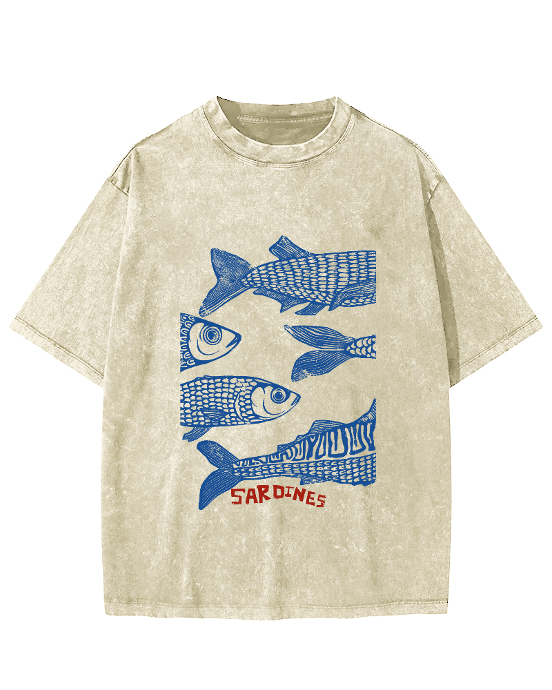 Retro Sea Fish Pattern Vintage Distressed T-shirt-Zazasy