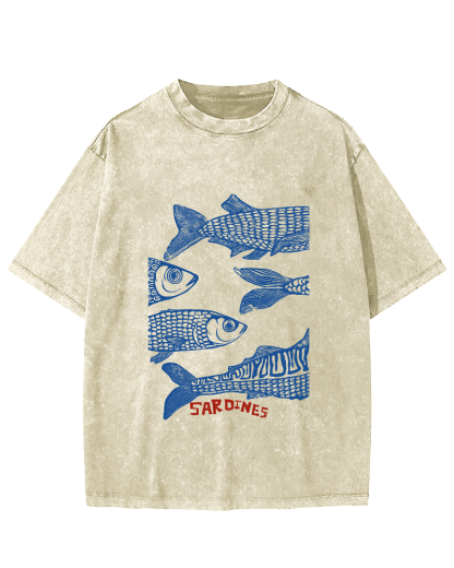 Retro Sea Fish Pattern Vintage Distressed T-shirt-Zazasy
