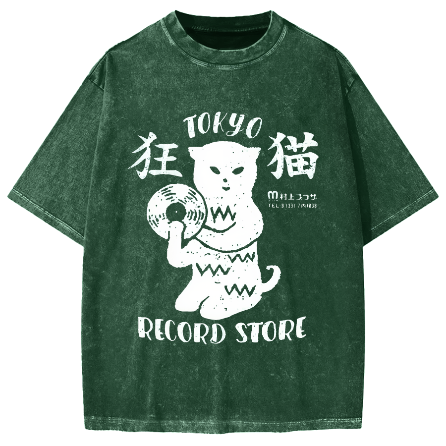 Crazy Cat Japanese style Poster Vintage Washed T-shirt