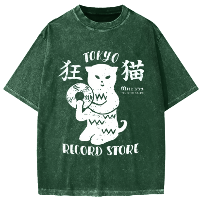 Crazy Cat Japanese style Poster Vintage Washed T-shirt