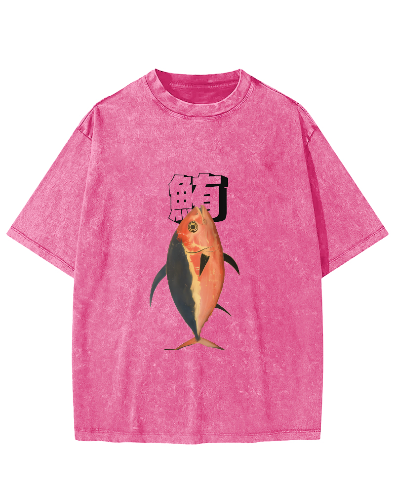 Japanese Ocean Fish Pattern Vintage Distressed T-shirt-Zazasy