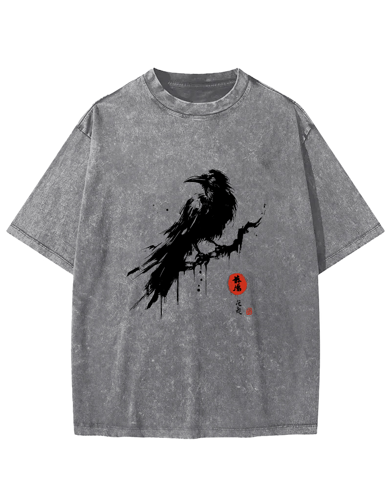 Crow Pattern Japanese Style Vintage Distressed T-shirt-Zazasy