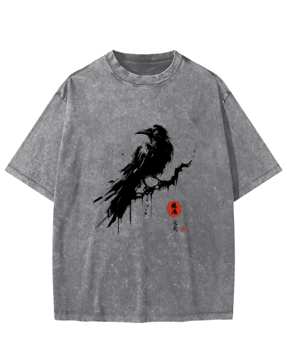Crow Pattern Japanese Style Vintage Distressed T-shirt-Zazasy