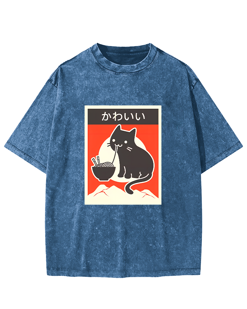 Noodle Eating Cat Japanese Style Washed T-shirt-Zazasy