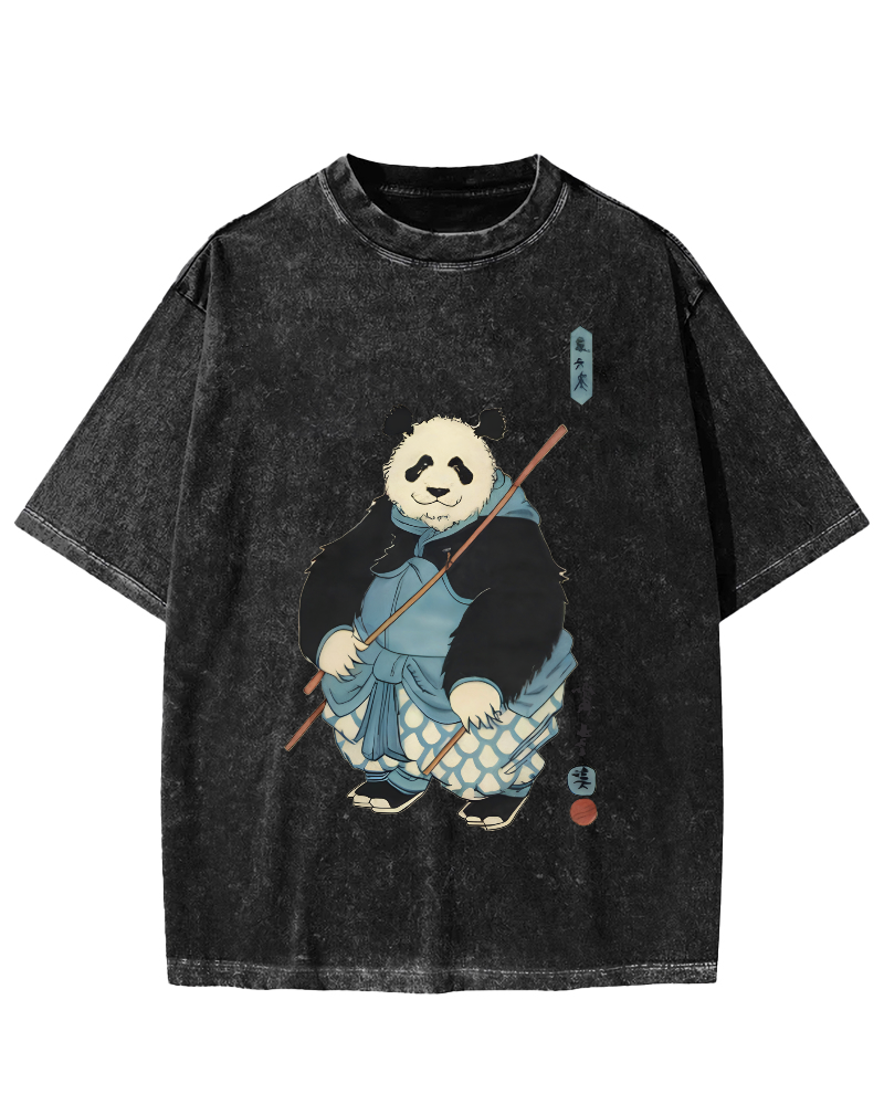 Panda Hero Japanese Style Vintage Washed T-shirt-Zazasy