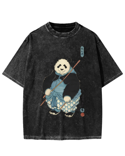 Panda Hero Japanese Style Vintage Washed T-shirt-Zazasy