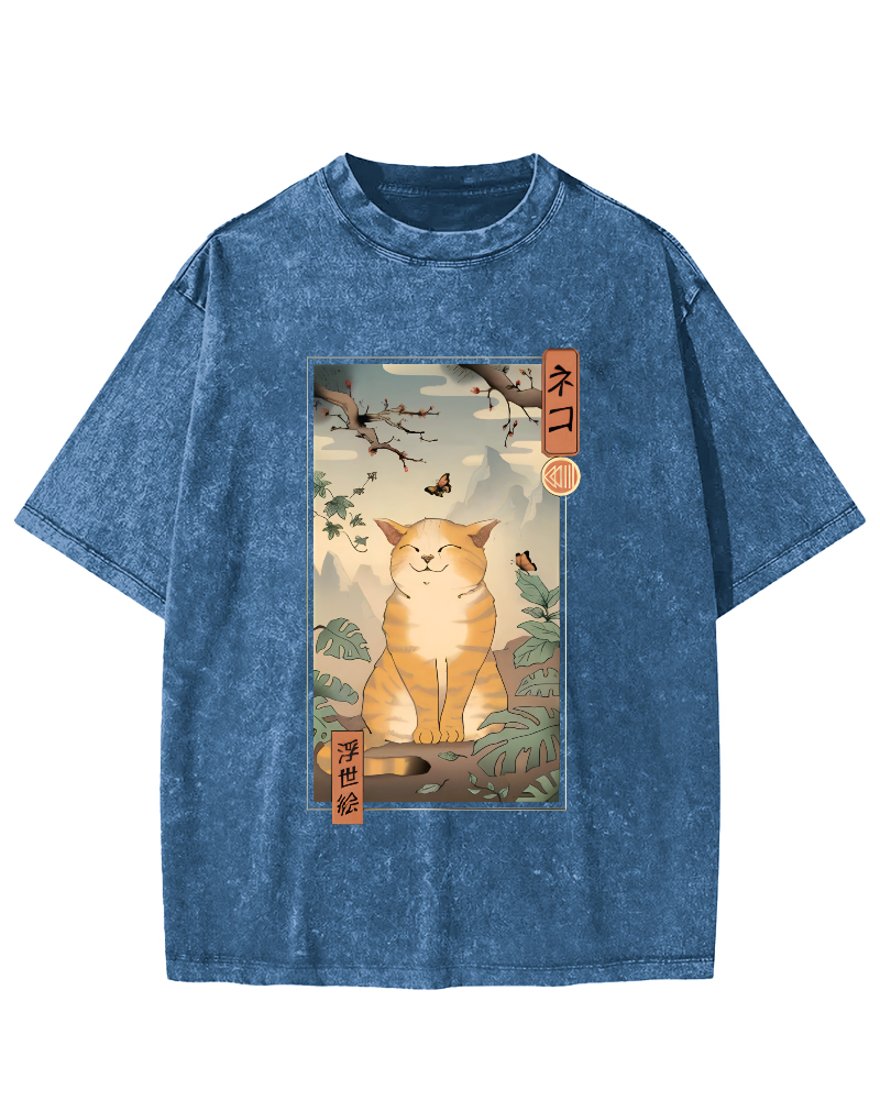 Cute and Lazy Cat Japanese Style Vintage Distressed T-shirt-Zazasy