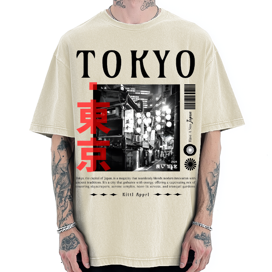 Tokyo Street Night Scene Vintage Washed T-shirt
