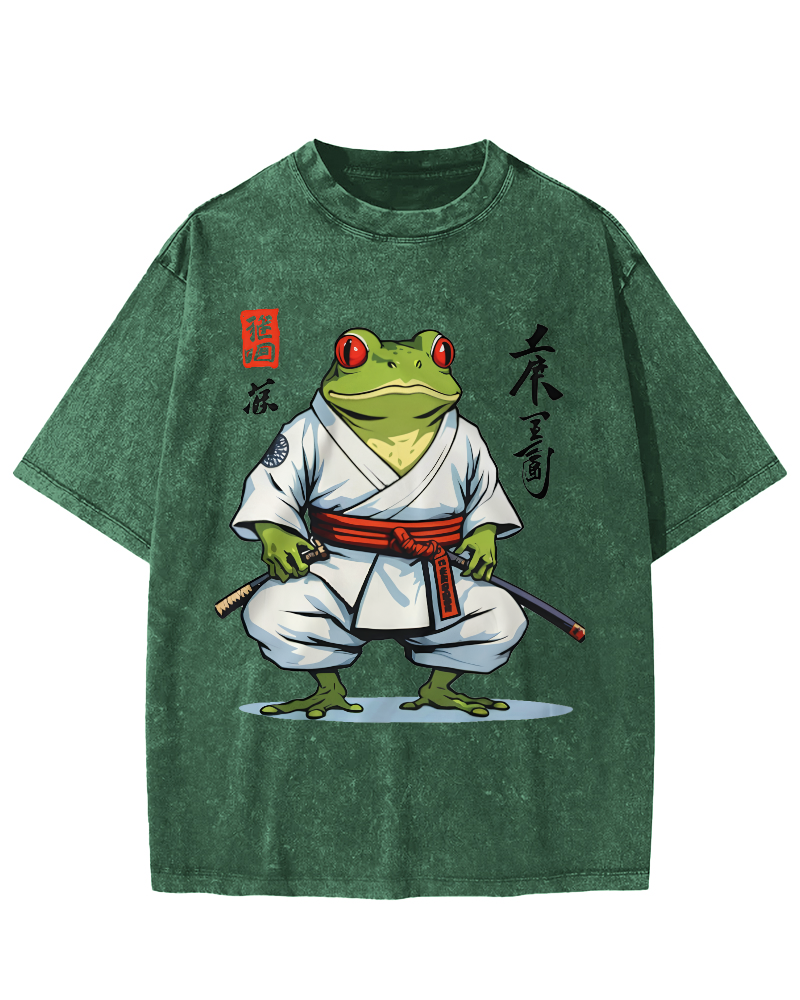 Frog Bushido Spirit Japanese Vintage Washed T-shirt-Zazasy