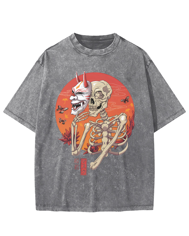 Mask Skeleton Japanese Vintage Distressed T-shirt-Zazasy