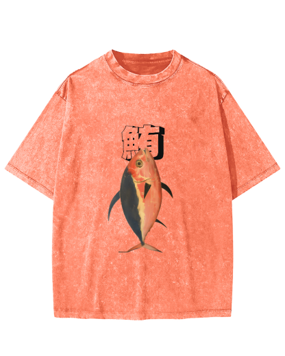 Japanese Ocean Fish Pattern Vintage Distressed T-shirt-Zazasy