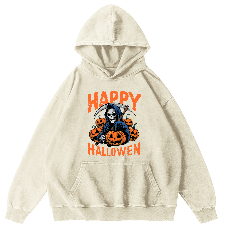 Halloween Pumpkin Lamp  Vintage Washed Hoodie-Zazasy