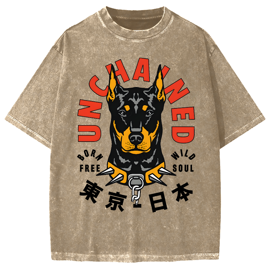Doberman Pinscher Dog with Unchained Vintage Washed T-shirt