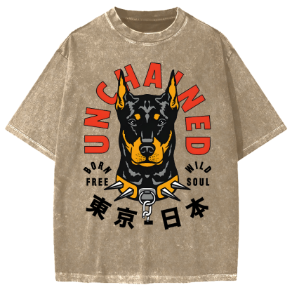 Doberman Pinscher Dog with Unchained Vintage Washed T-shirt