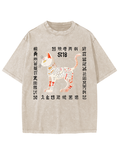 Abstract Geometry Cat Japanese Style Vintage Distressed T-shirt-Zazasy