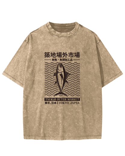 Japanese Tuna Pattern Vintage Distressed T-shirt-Zazasy